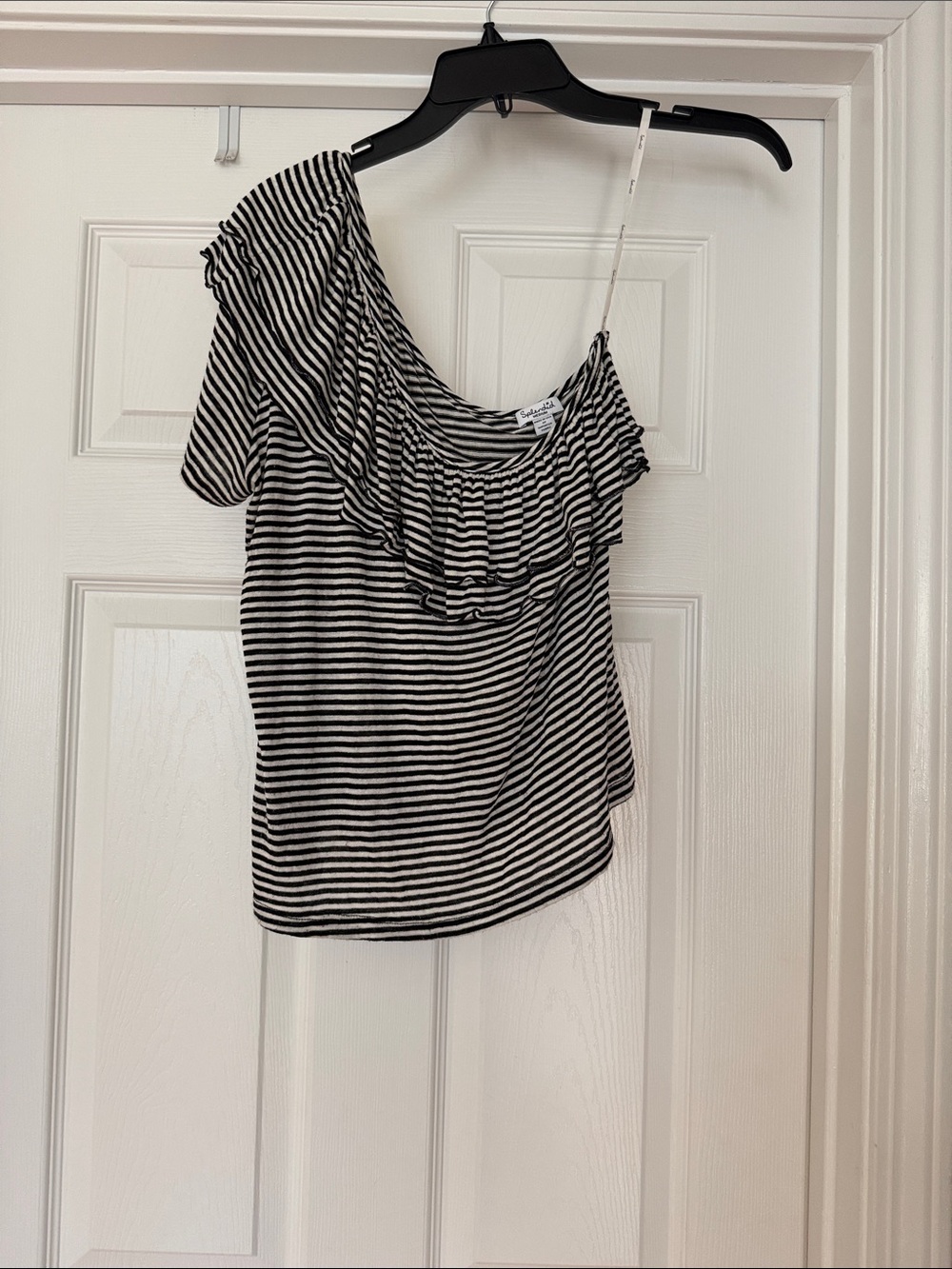 Splendid Black & White Striped One-Shoulder Ruffle Crop Top